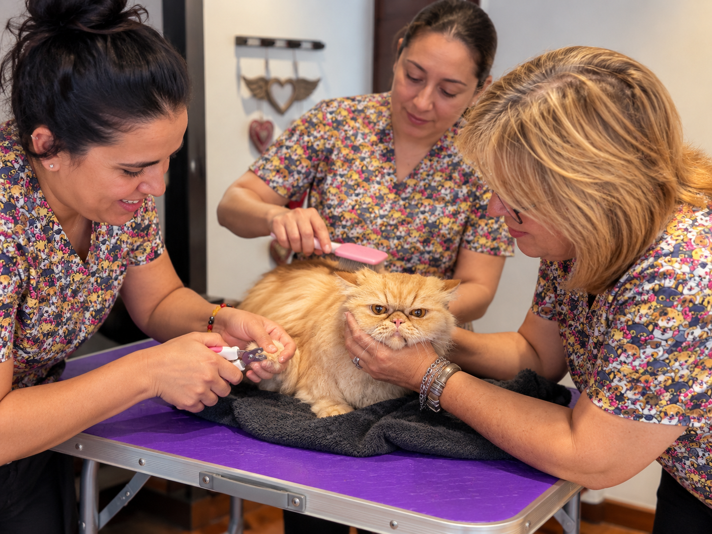 Corte de uñas y peinado a un gato persa naranja realizado por el equipo de Cat Kingdom Bta.